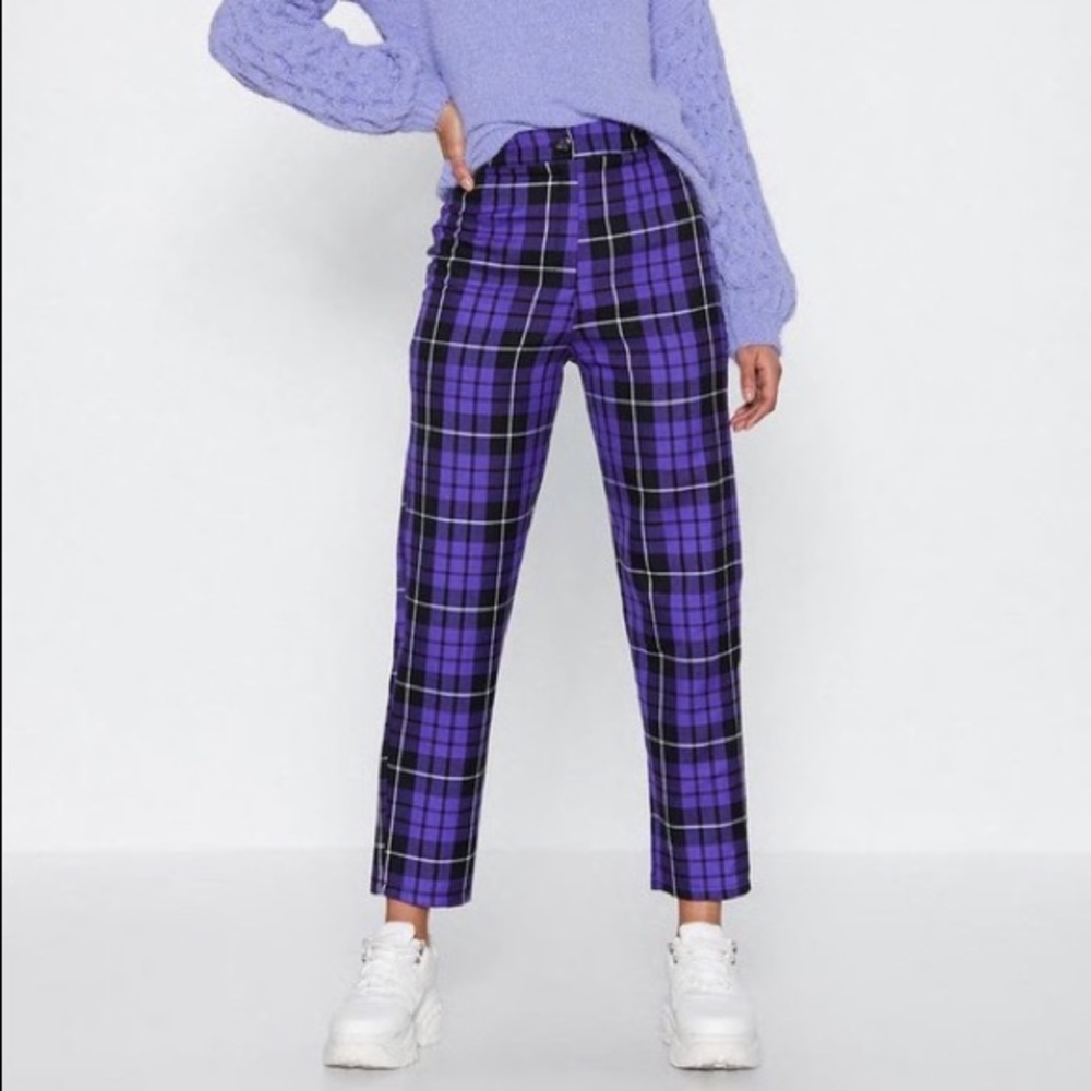 Nasty Gal purple plaid straight leg pants